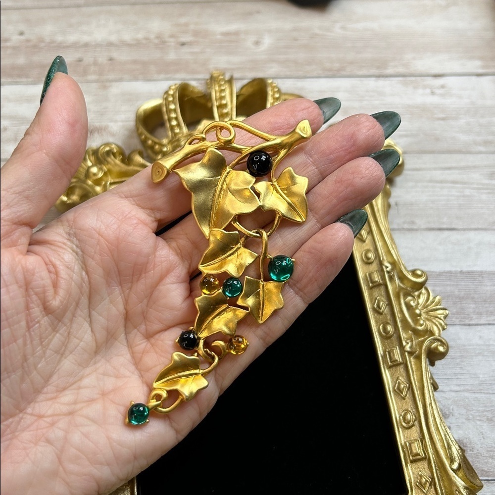 Large Vintage Gold Leaf Brooch with Beaded Accents